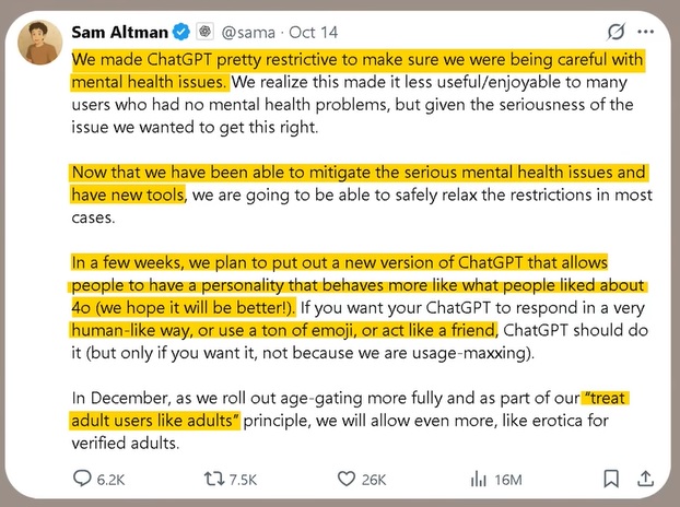ChatGPT future—Sam Altman’s update on mental health, adult controls, human-like personalities.